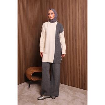 7040 Renk Garnili Örgü Desen Triko Takım - Gri
