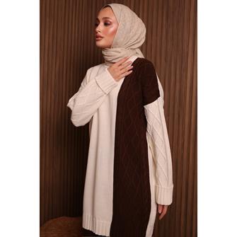 7040 Renk Garnili Örgü Desen Triko Takım - Kahverengi