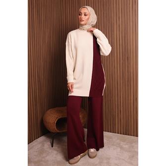 7040 Renk Garnili Örgü Desen Triko Takım - Bordo