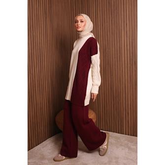 7040 Renk Garnili Örgü Desen Triko Takım - Bordo