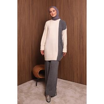 7040 Renk Garnili Örgü Desen Triko Takım - Gri