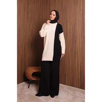 7040 Renk Garnili Örgü Desen Triko Takım - Siyah