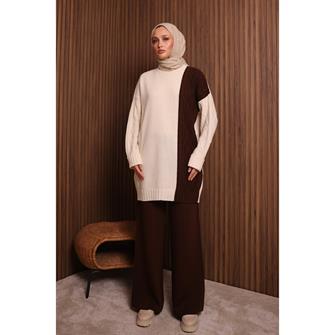 7040 Renk Garnili Örgü Desen Triko Takım - Kahverengi