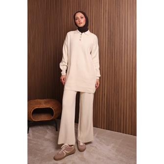 7056 Yakalı Düğmeli Triko Takım - Bej