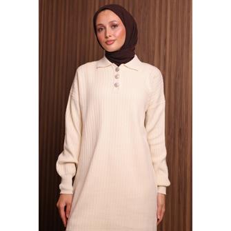 7056 Yakalı Düğmeli Triko Takım - Bej