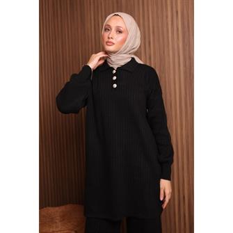 7056 Yakalı Düğmeli Triko Takım - Siyah