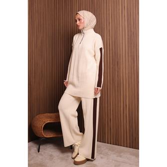 7058 Şerit Detaylı Fitilli Triko Takım - Bej