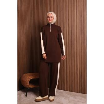 7058 Şerit Detaylı Fitilli Triko Takım - Kahverengi