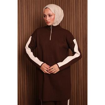 7058 Şerit Detaylı Fitilli Triko Takım - Kahverengi