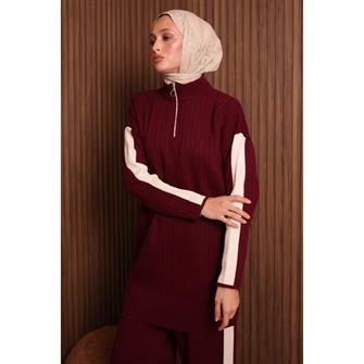7058 Şerit Detaylı Fitilli Triko Takım - Bordo