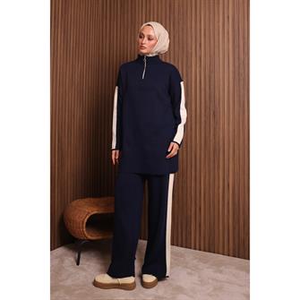 7058 Şerit Detaylı Fitilli Triko Takım - Lacivert