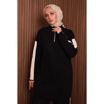 7058 Şerit Detaylı Fitilli Triko Takım - Siyah