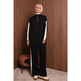 7058 Şerit Detaylı Fitilli Triko Takım - Siyah