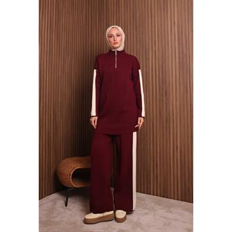 7058 Şerit Detaylı Fitilli Triko Takım - Bordo