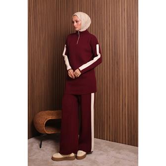 7058 Şerit Detaylı Fitilli Triko Takım - Bordo