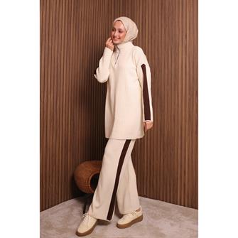 7058 Şerit Detaylı Fitilli Triko Takım - Bej