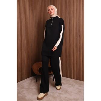 7058 Şerit Detaylı Fitilli Triko Takım - Siyah