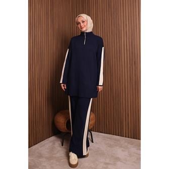 7058 Şerit Detaylı Fitilli Triko Takım - Lacivert