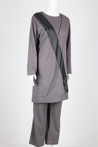 7292 Deri Detaylı Pantolonlu Takım