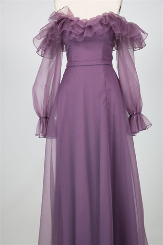 7336 Arkası İpli Kolları Ve Göğsü Fırfırlı Elbise - Lila