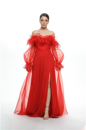 7336 Arkası İpli Kolları Ve Göğsü Fırfırlı Elbise - Kırmızı