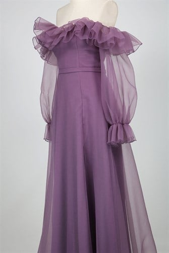 7336 Arkası İpli Kolları Ve Göğsü Fırfırlı Elbise - Lila