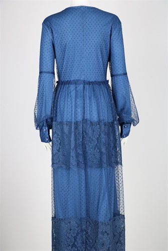 81634 Kolu Manşetli Eteği Dantelli Tül Elbise - İndigo