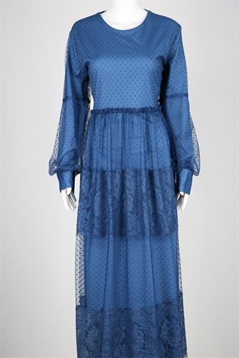 81634 Kolu Manşetli Eteği Dantelli Tül Elbise - İndigo