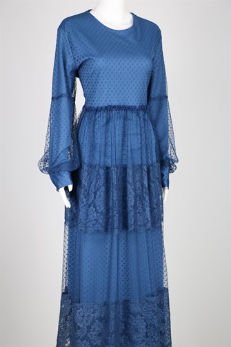 81634 Kolu Manşetli Eteği Dantelli Tül Elbise - İndigo