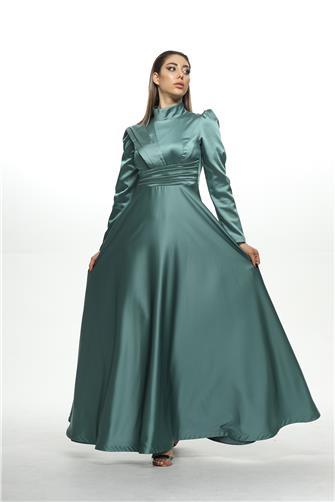 8563 Omuz Ve Bel Detaylı Saten Elbise - Mint Yeşili