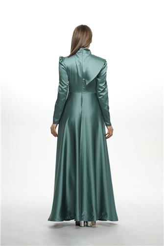 8563 Omuz Ve Bel Detaylı Saten Elbise - Mint Yeşili