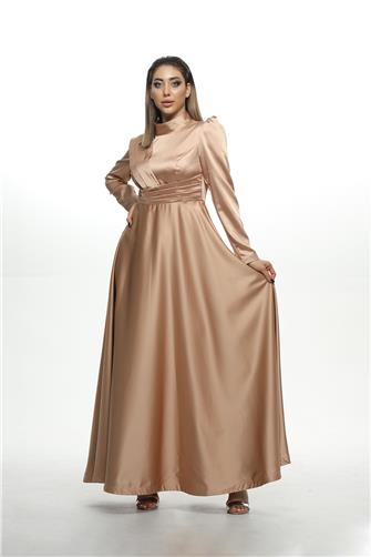 8563 Omuz Ve Bel Detaylı Saten Elbise - Somon