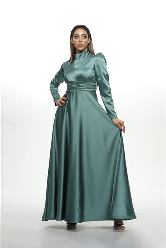 8563 Omuz Ve Bel Detaylı Saten Elbise - Mint Yeşili
