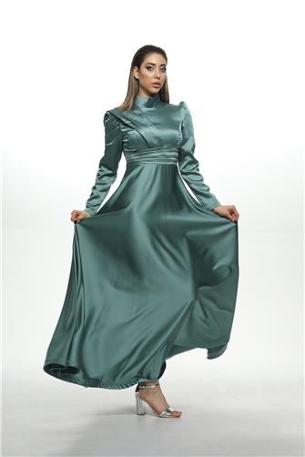 8563 Omuz Ve Bel Detaylı Saten Elbise - Mint Yeşili