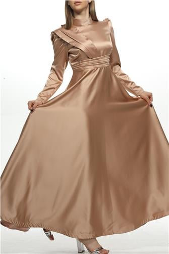 8563 Omuz Ve Bel Detaylı Saten Elbise - Somon