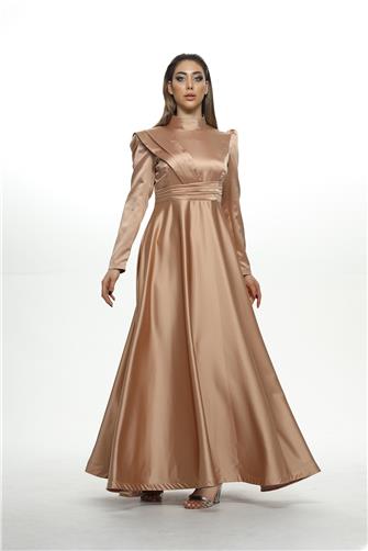 8563 Omuz Ve Bel Detaylı Saten Elbise - Somon