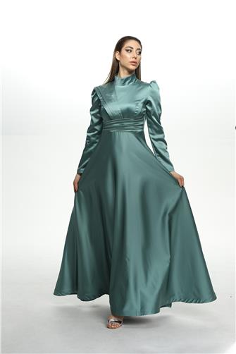 8563 Omuz Ve Bel Detaylı Saten Elbise - Mint Yeşili