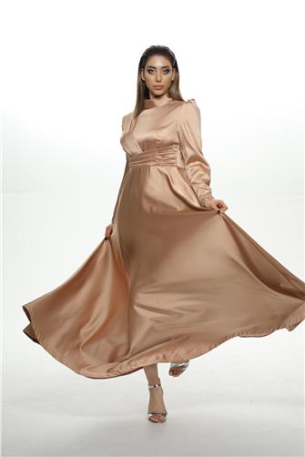 8563 Omuz Ve Bel Detaylı Saten Elbise - Somon
