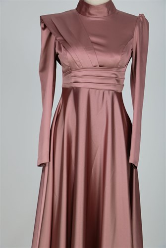8563 Omuz Ve Bel Detaylı Saten Elbise - Gül Kurusu