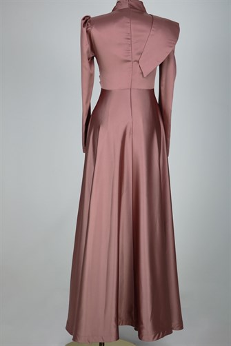 8563 Omuz Ve Bel Detaylı Saten Elbise - Gül Kurusu