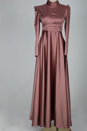 8563 Omuz Ve Bel Detaylı Saten Elbise - Gül Kurusu