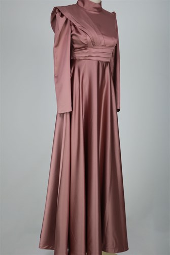 8563 Omuz Ve Bel Detaylı Saten Elbise - Gül Kurusu