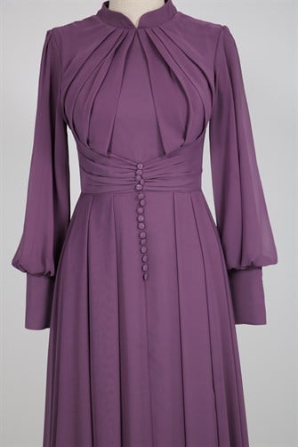 8567 Göğüsü Piliseli Beli Düğmeli Elbise