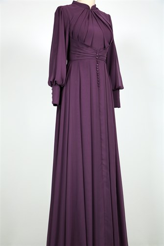 8567 Göğüsü Piliseli Beli Düğmeli Elbise