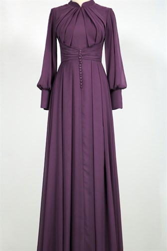 8567 Göğüsü Piliseli Beli Düğmeli Elbise