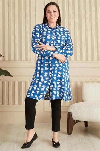 8929 Düğmeli Viskon Tunik - Mavi