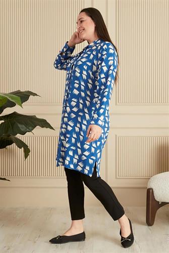 8929 Düğmeli Viskon Tunik - Mavi