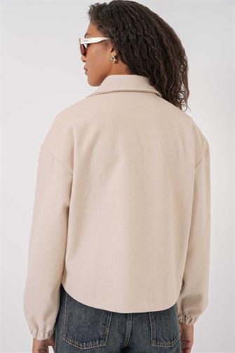 9117 Kruvaze Yaka Crop Ceket - Bej