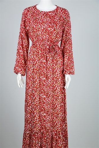 Beli Lastikli Çiçekli Elbse - Kırmızı