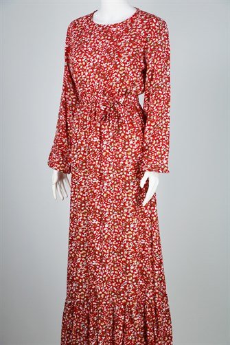 Beli Lastikli Çiçekli Elbse - Kırmızı